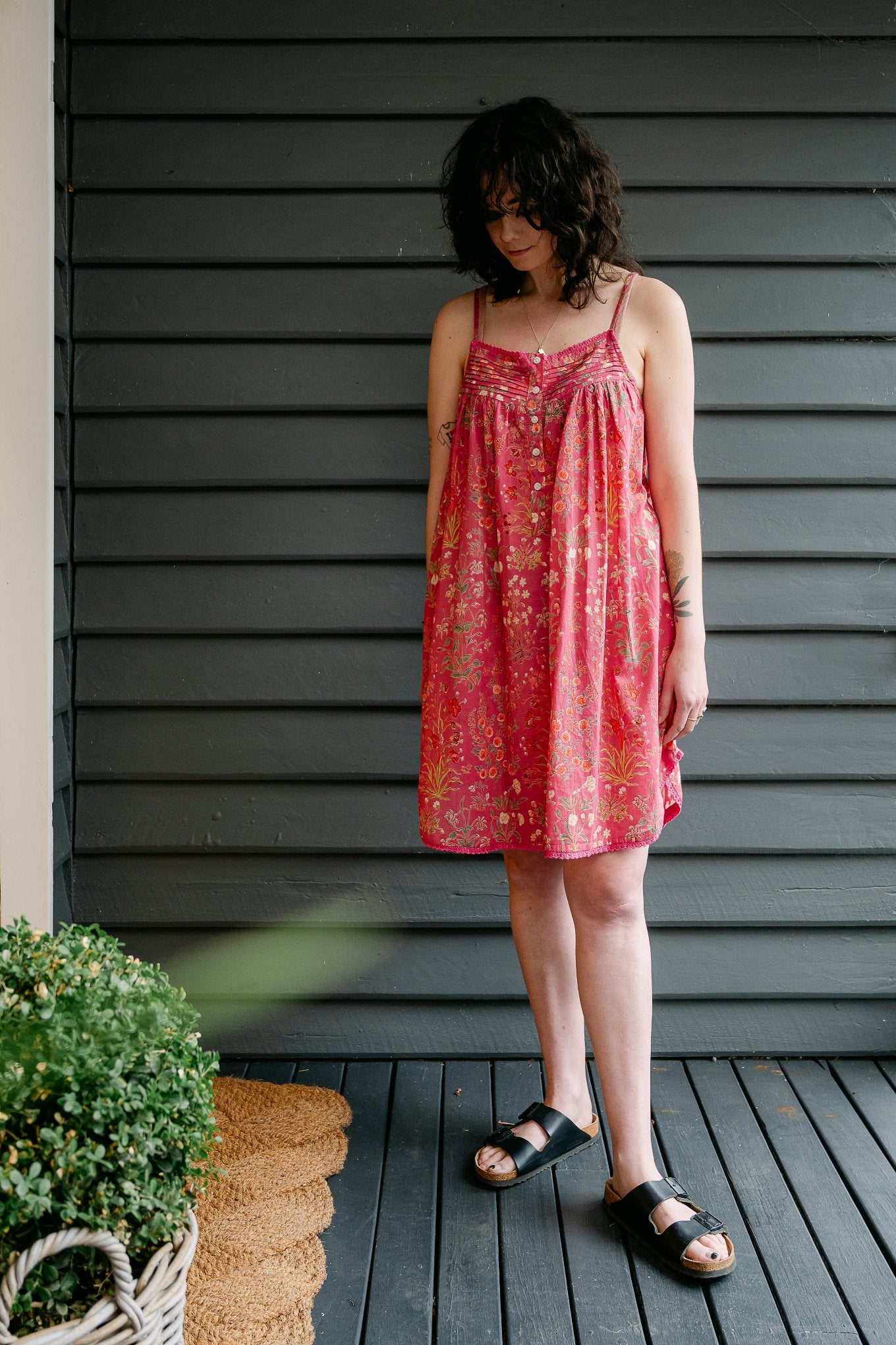 Juniper Hearth cotton voile nightdress in raspberry pink floral print.