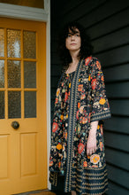 Load image into Gallery viewer, Juniper Hearth cotton voile nightdress in a vibrant all over tropical floral in coral, ecru and olive green on a black background, with matching kimono gown.