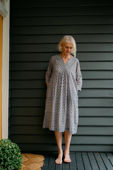 Juniper Hearth blockprint cotton Thea 3/4 sleeve dress in blue grey bhuti design.