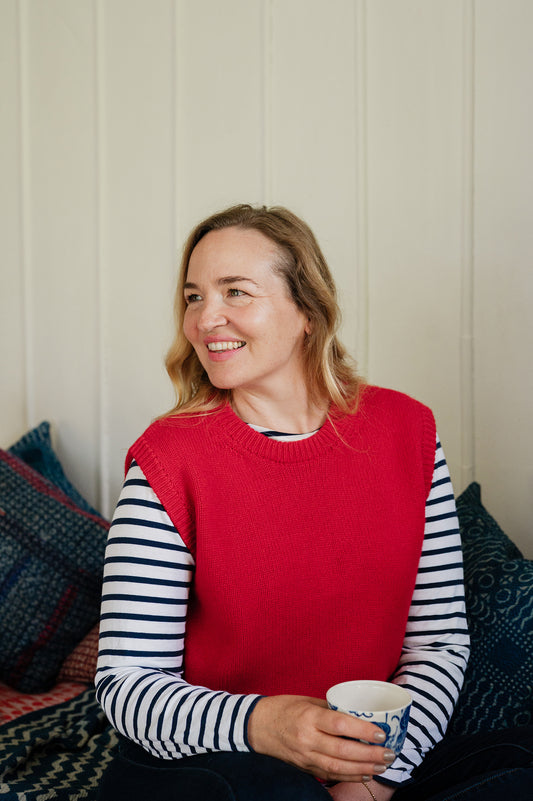 Juniper Hearth cashmere vest in scarlet red.