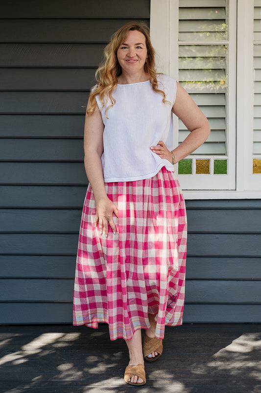 Lotus Veda True handloom cotton skirt - pink checks
