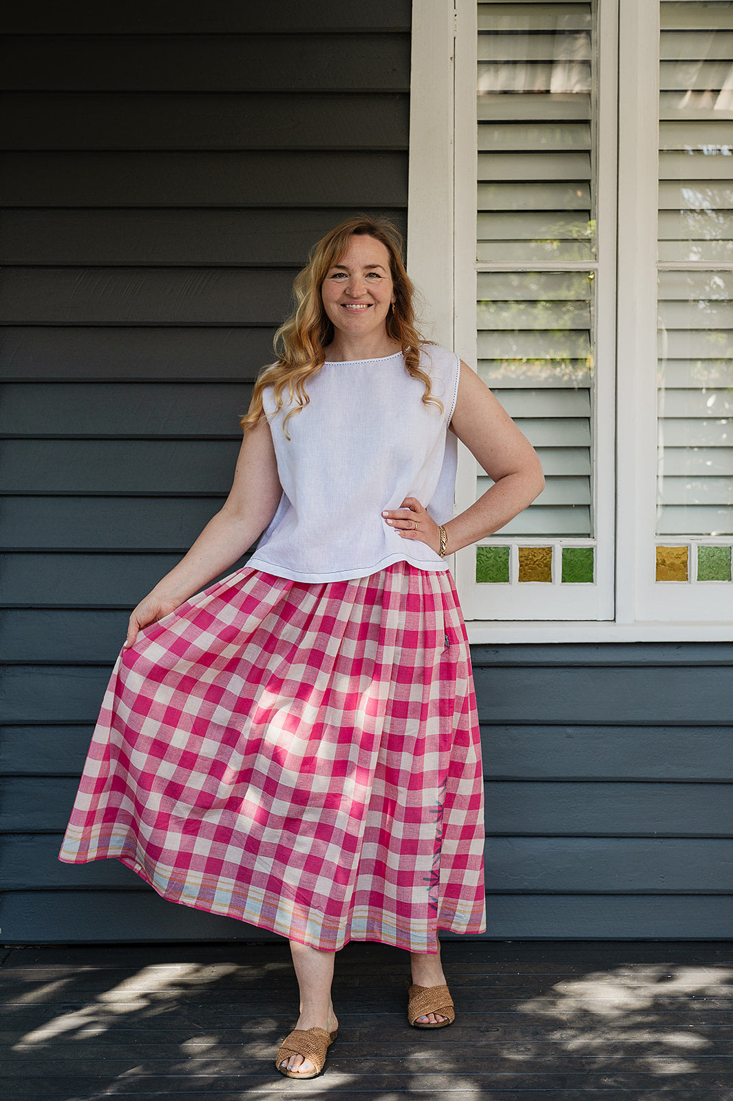Lotus Veda True handloom cotton skirt - pink checks