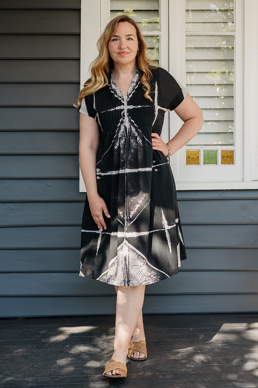 Neeru Kumar fine cotton pintucked cap sleeved dress in black and white shibori design.