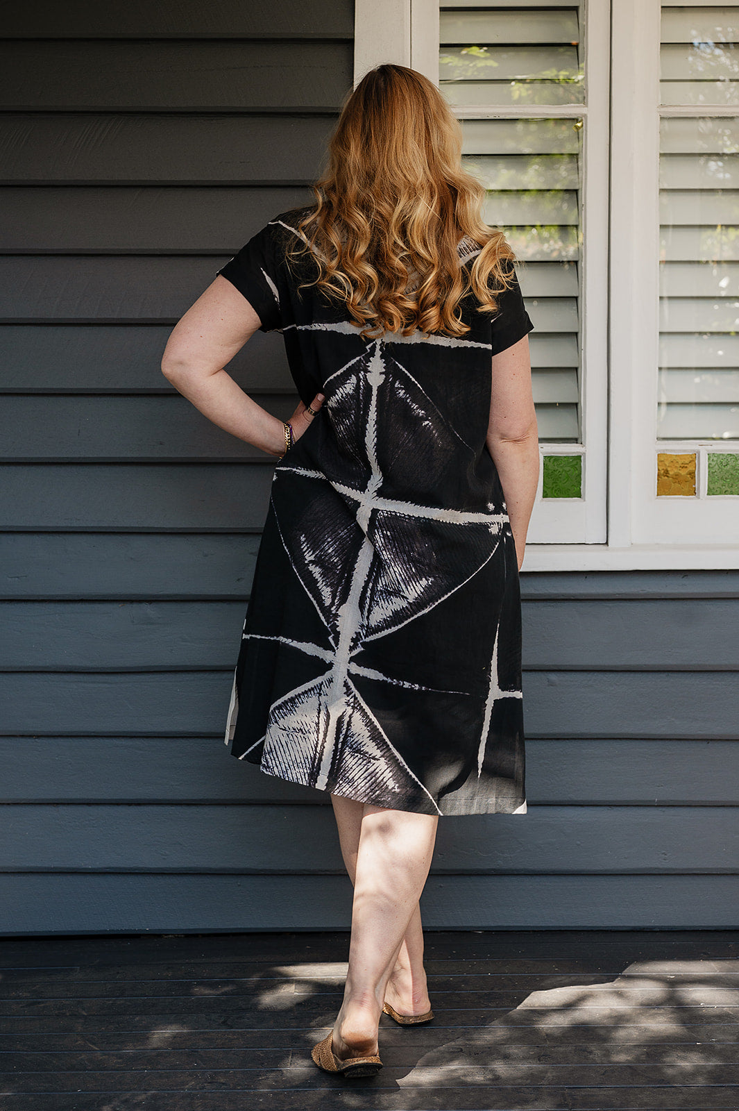 Neeru Kumar fine cotton pintucked cap sleeved dress in black and white shibori design.