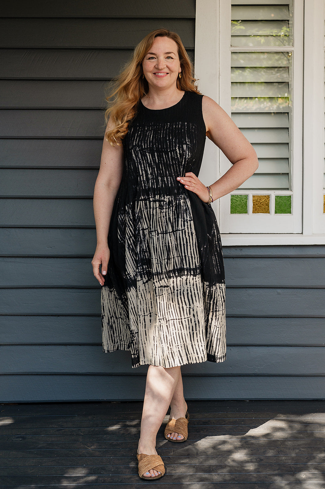 Neeru Kumar fine cotton pintucked  sleeveless dress in black and white shibori design.