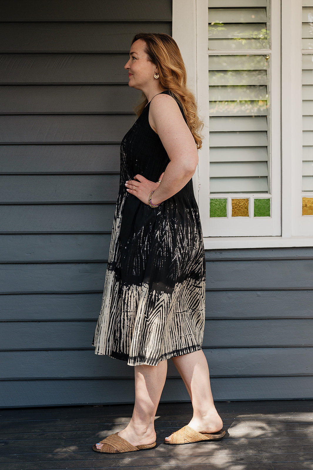Neeru Kumar fine cotton pintucked  sleeveless dress in black and white shibori design.