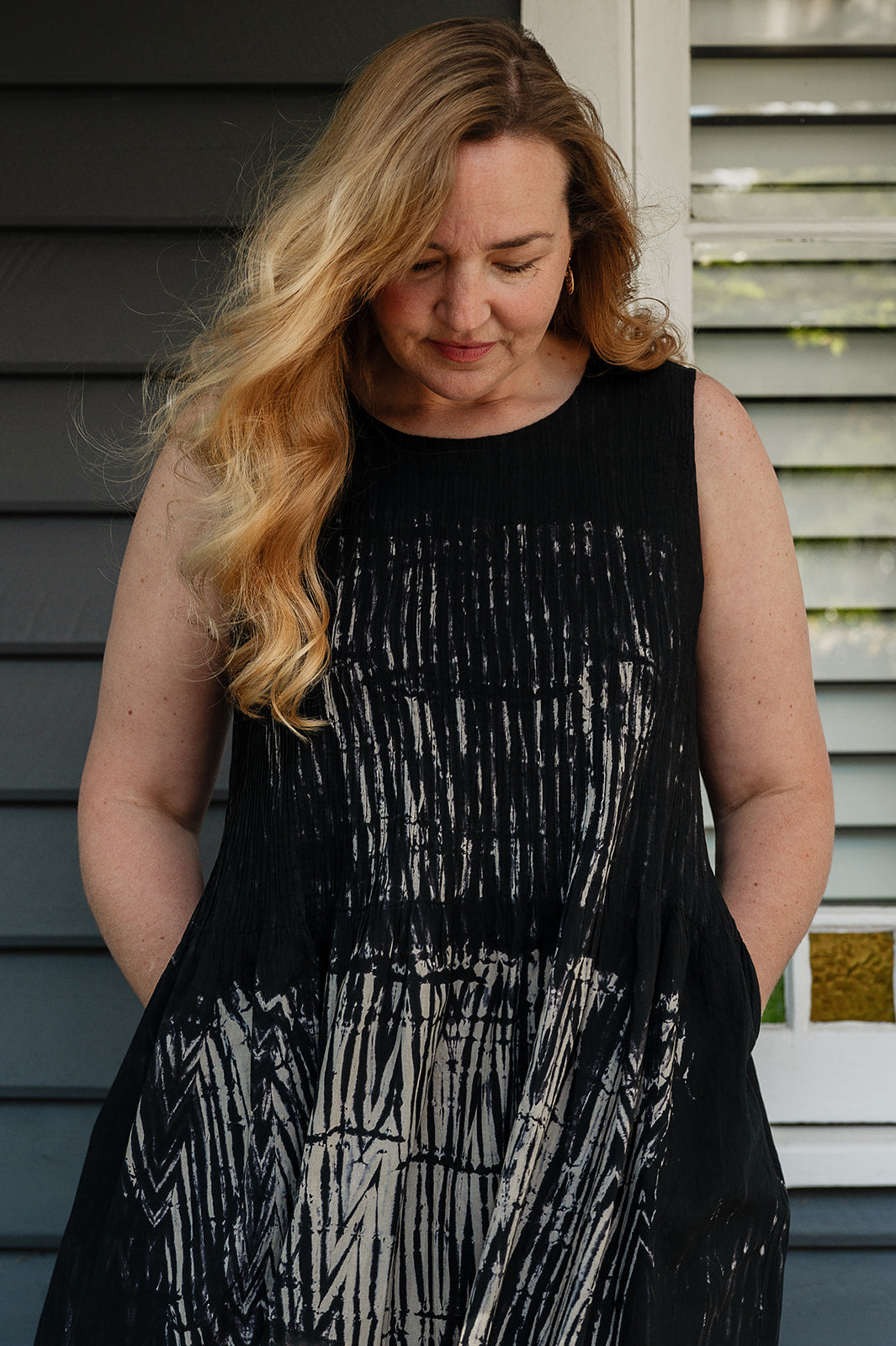 Neeru Kumar fine cotton pintucked  sleeveless dress in black and white shibori design.