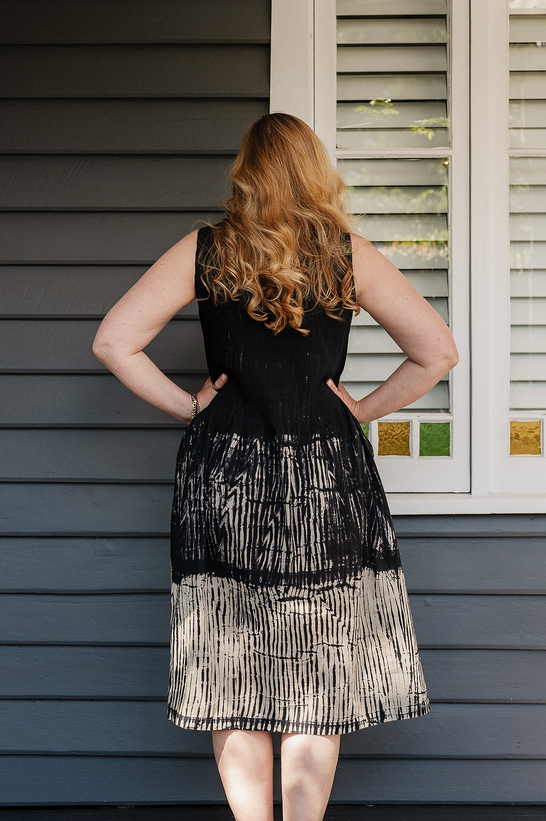 Neeru Kumar fine cotton pintucked  sleeveless dress in black and white shibori design.