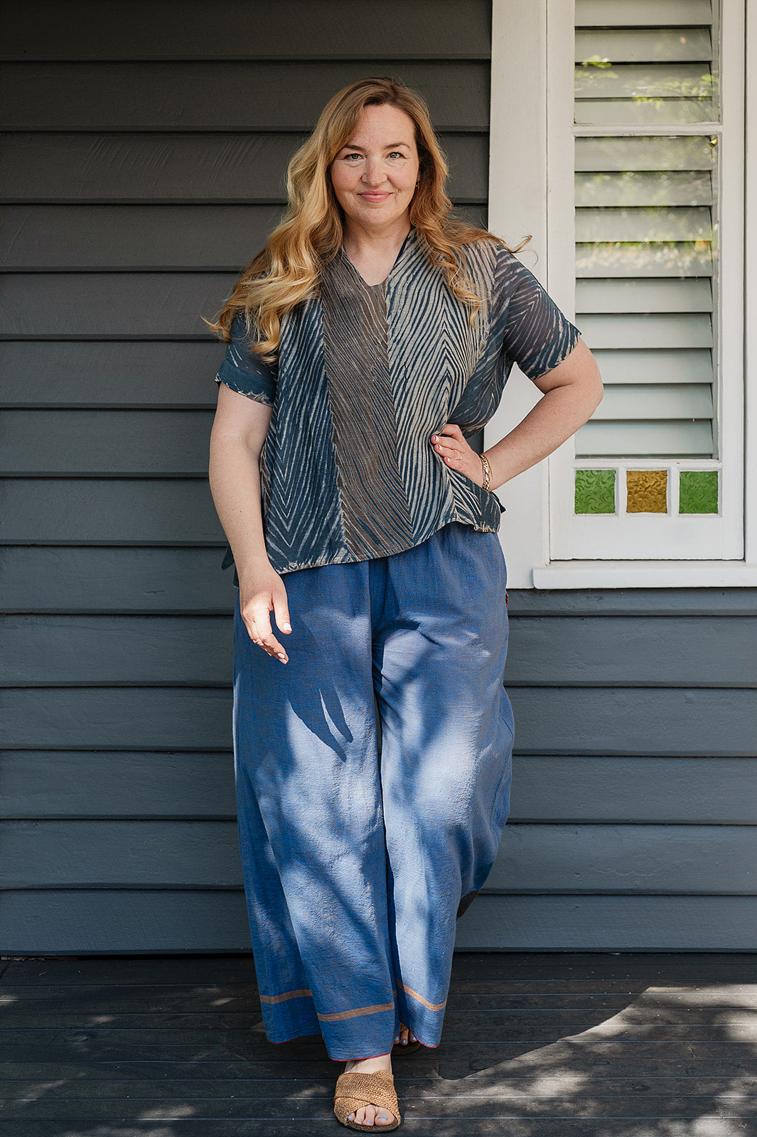 Neeru Kumar cotton silk shibori v-neck short sleeved top in greens and greys.
