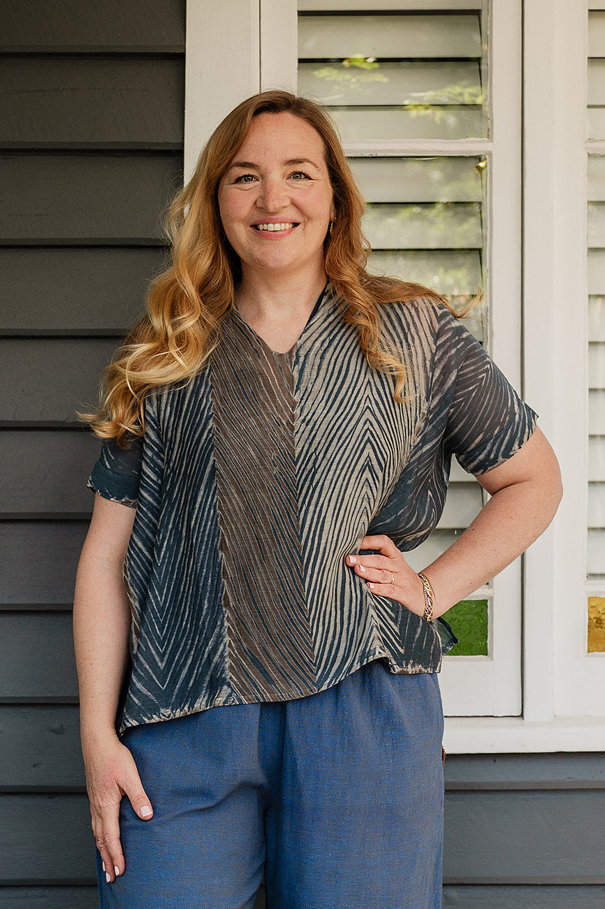 Neeru Kumar cotton silk shibori v-neck short sleeved top in greens and greys.