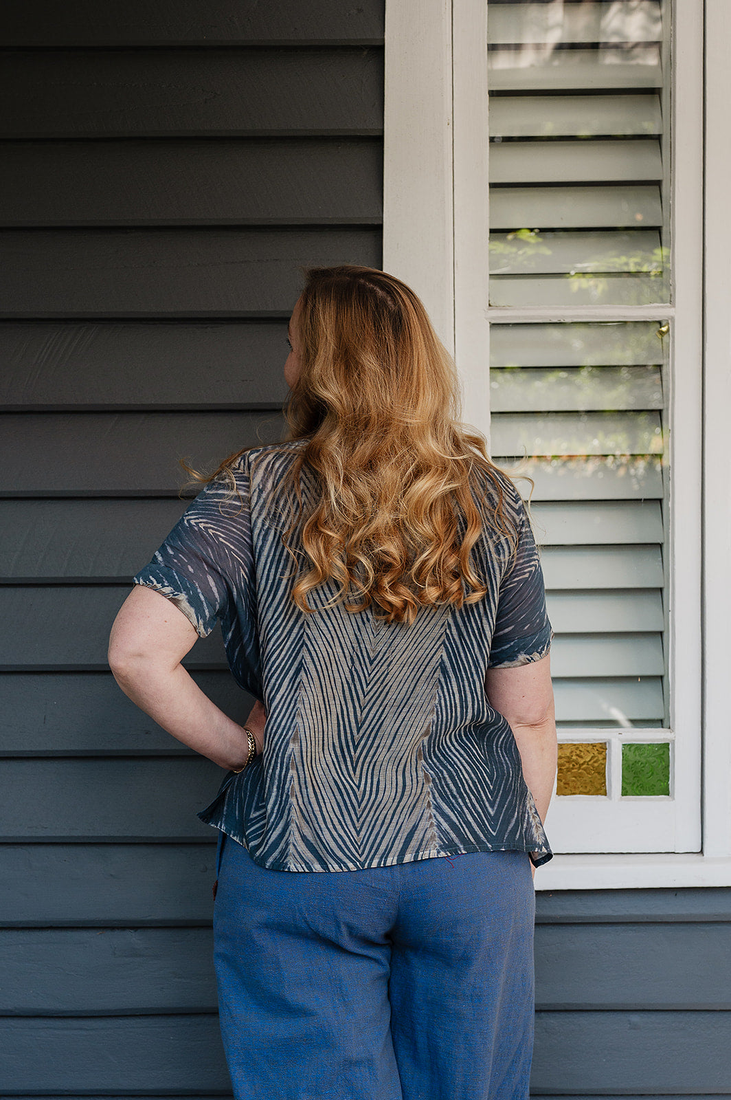 Neeru Kumar cotton silk shibori v-neck short sleeved top in greens and greys.