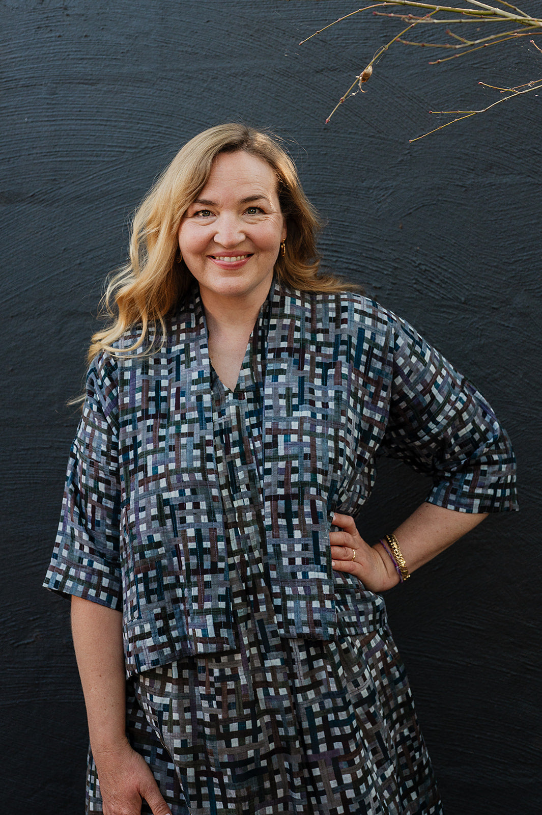 Neeru Kumar quilted cotton kimono jacket in charcoal checks.
