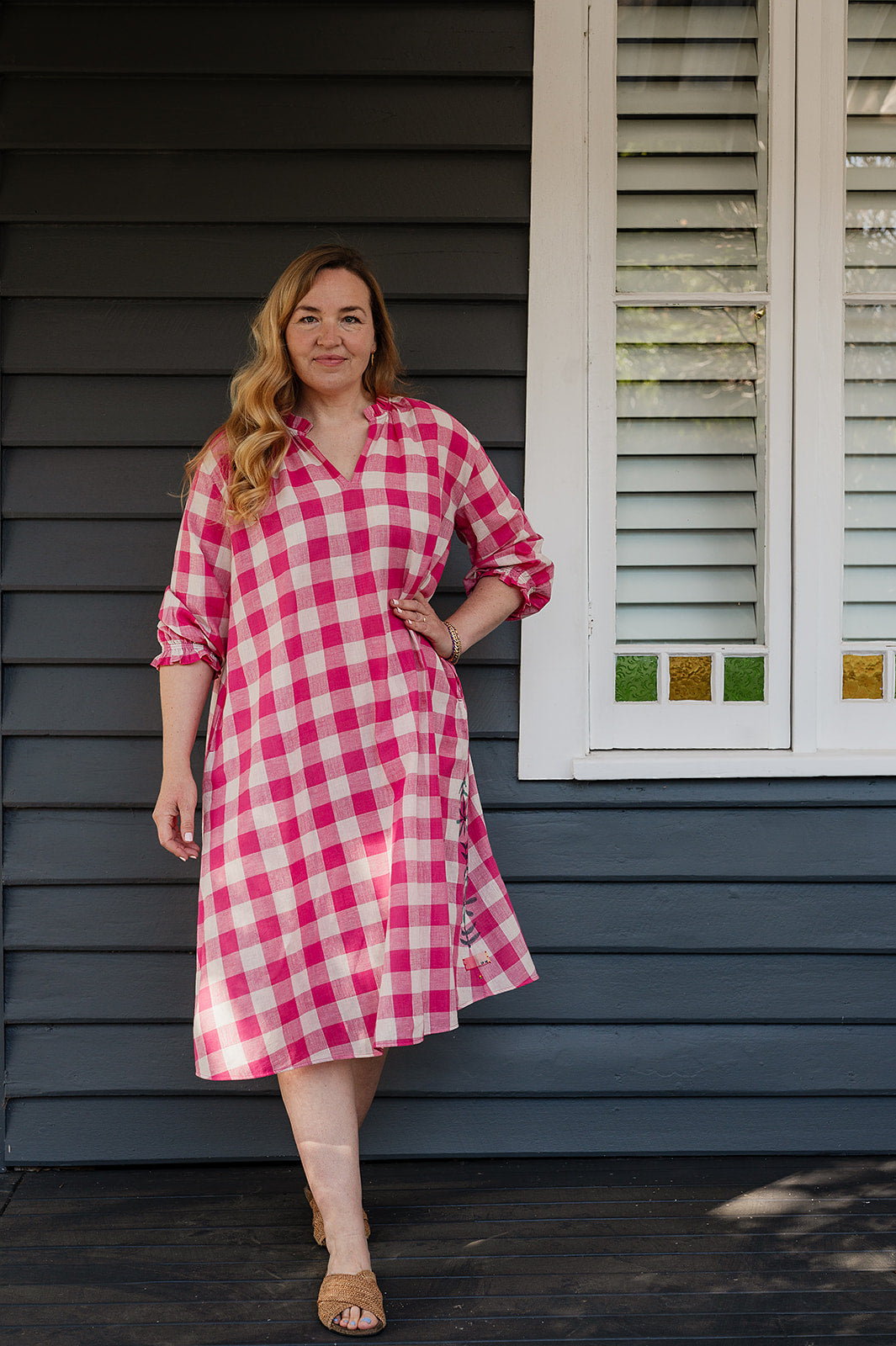 Lotus Veda River handloom cotton dress - pink checks