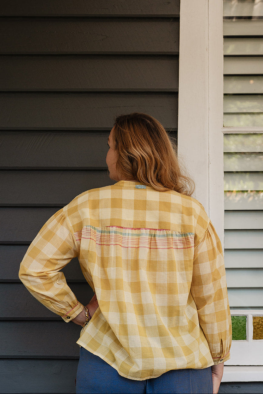 Lotus Veda Daffodil handloom cotton shirt - yellow checks