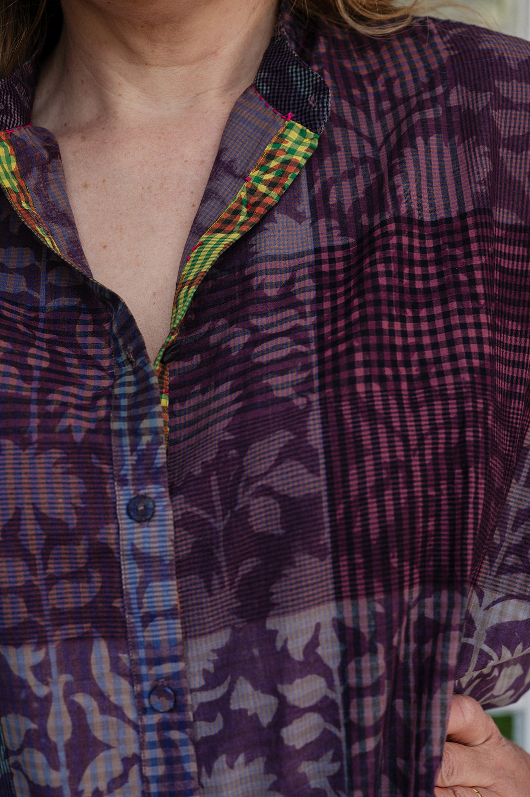 Lotus Veda Radha handloom blockprint cotton blouse - purple check