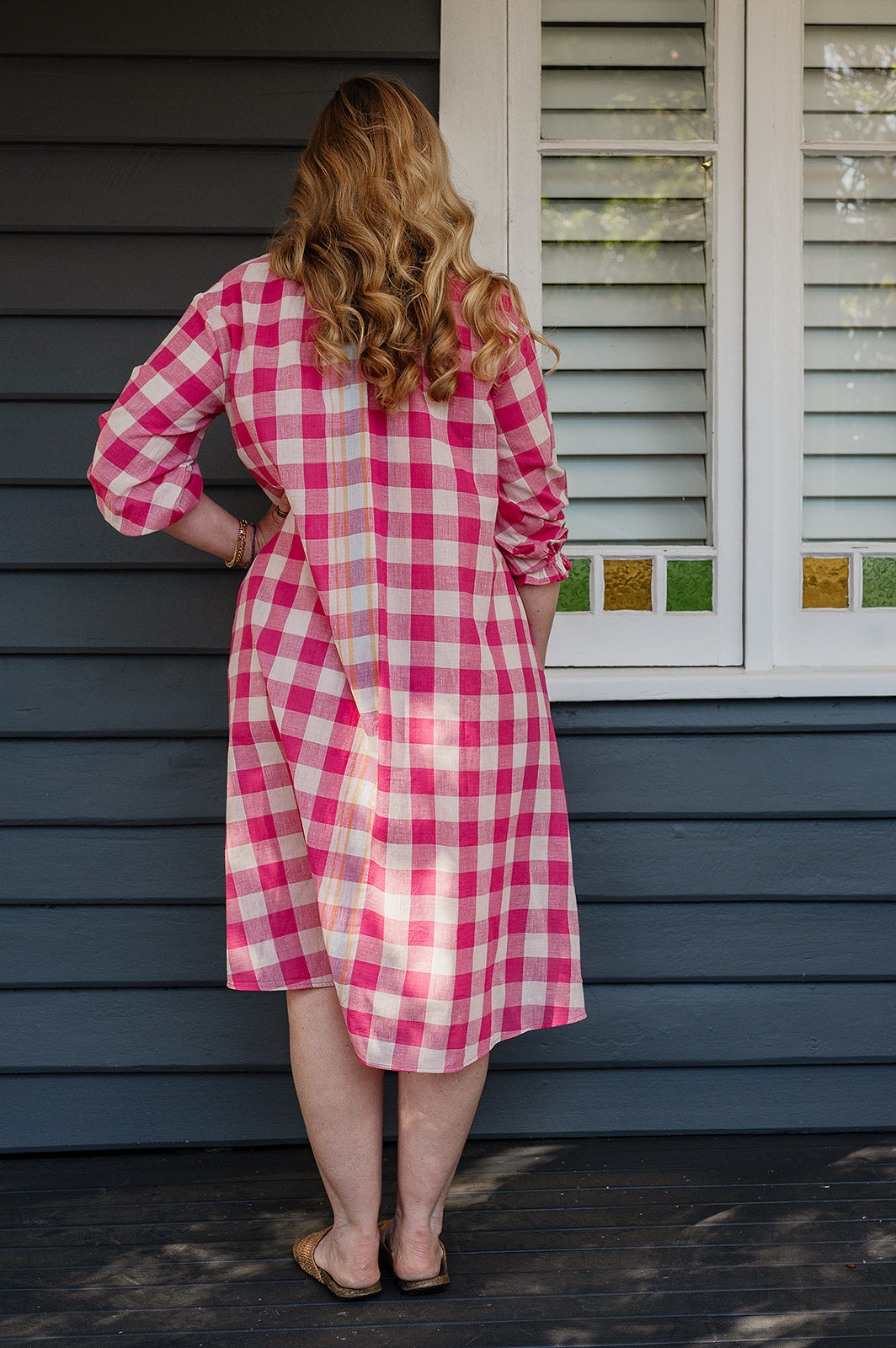 Lotus Veda River handloom cotton dress - pink checks