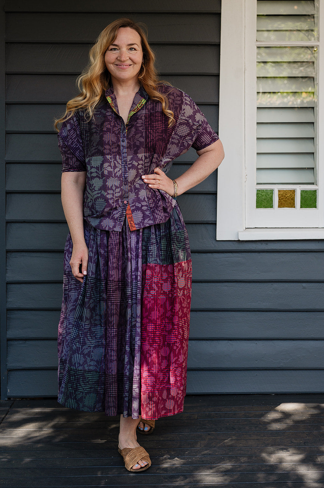 Lotus Veda Charm handloom blockprint cotton skirt - purple check