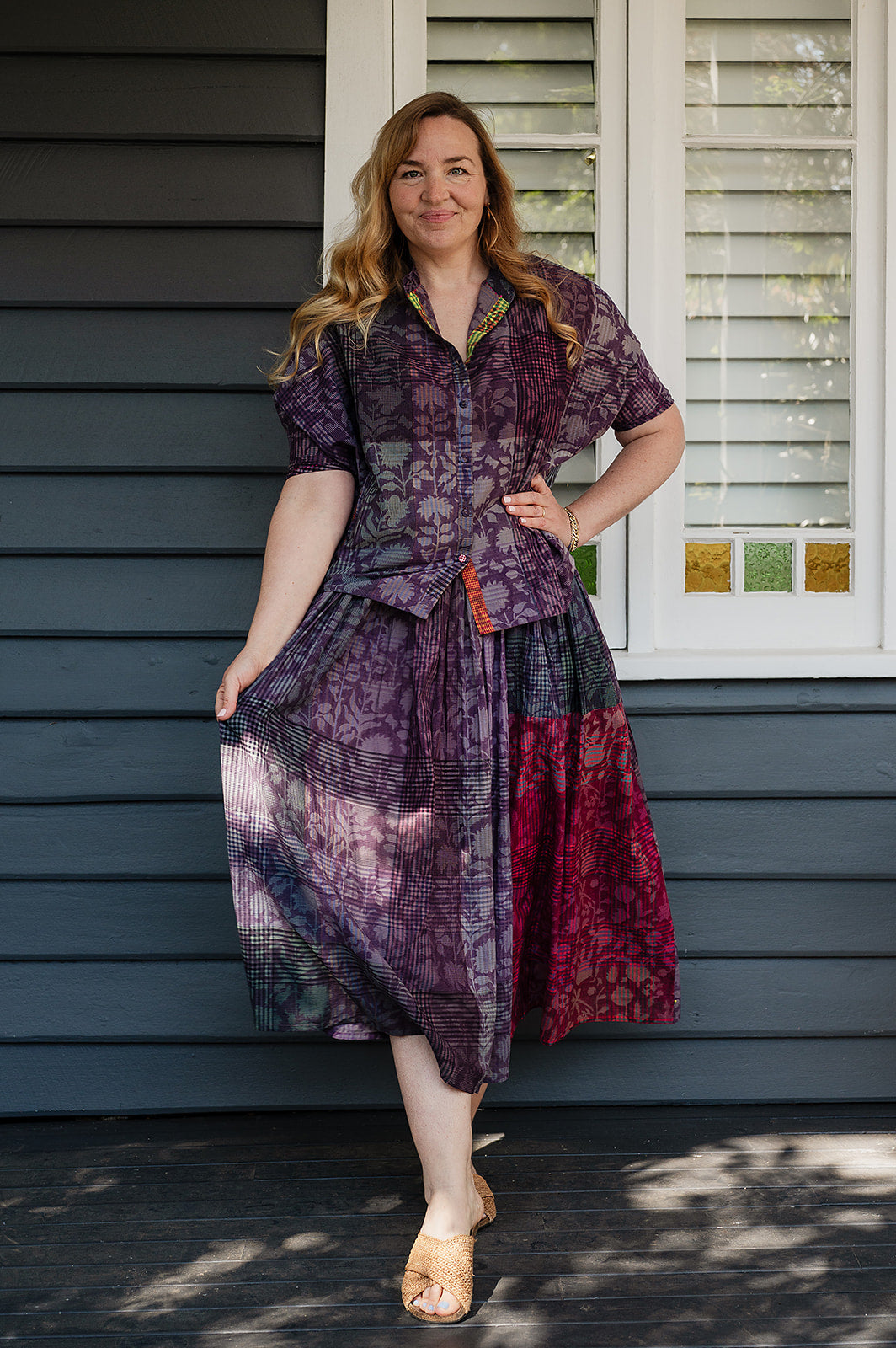 Lotus Veda Charm handloom blockprint cotton skirt - purple check