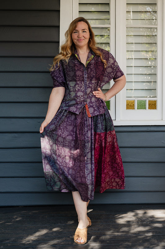 Lotus Veda Charm handloom blockprint cotton skirt - purple check