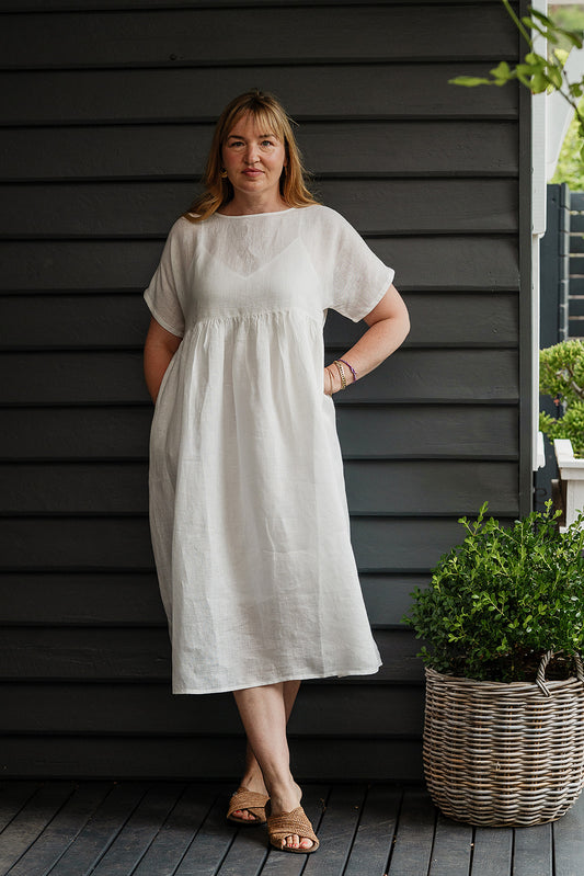 Manan Rasa sheer white linen dress with short sleeves, pleat detailing at the back.
