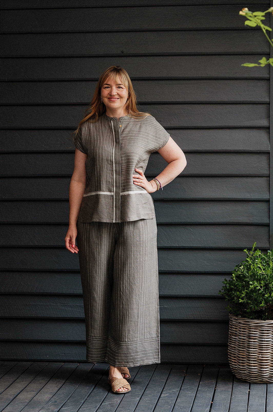 Manan Madhavi button up top in yarn-dyed grey and white stripe linen with panel detailing.