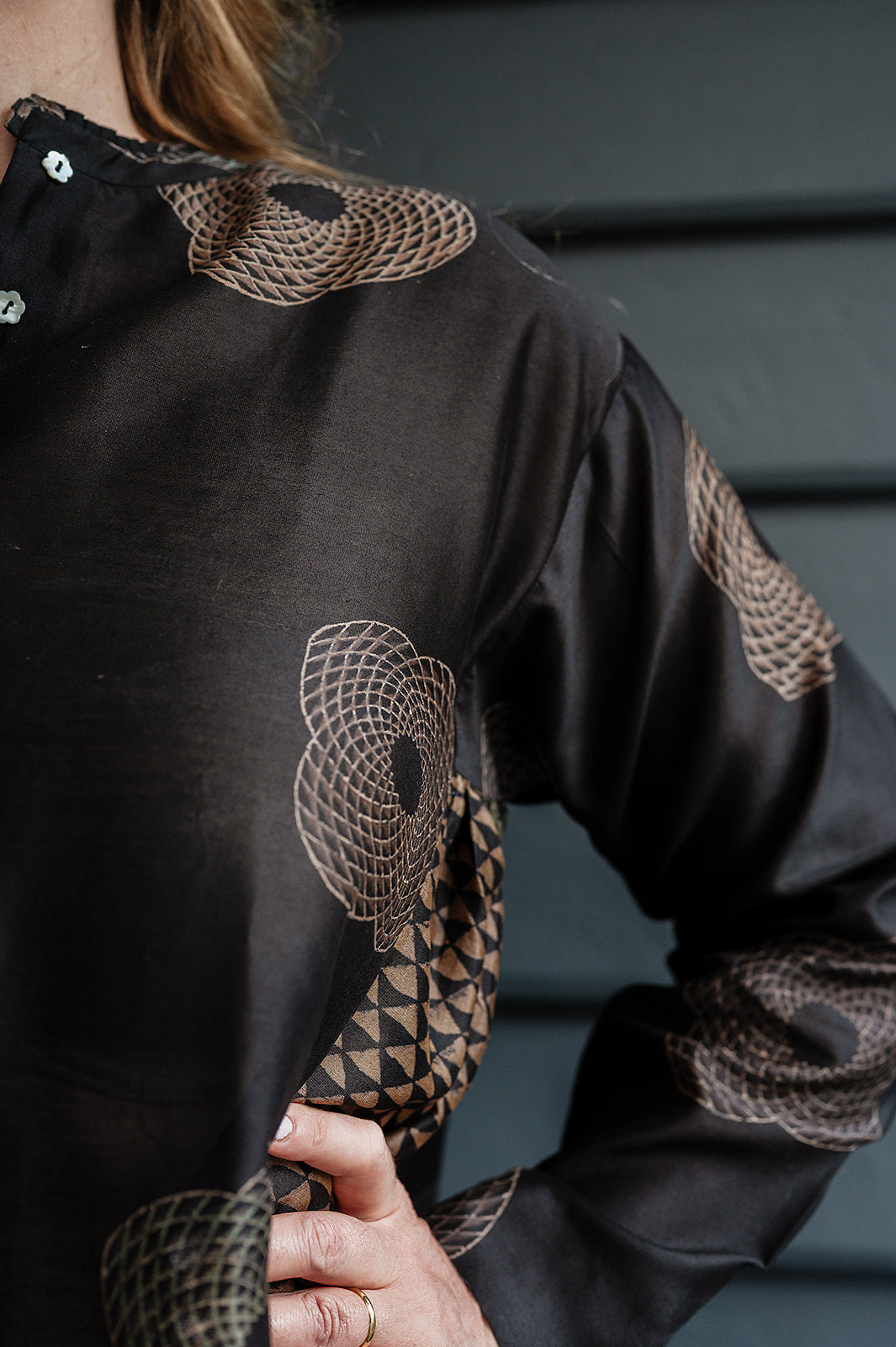 Brahma Karma chanderi cotton silk ebony tunic dress with bronze flowers and geometric side panels.