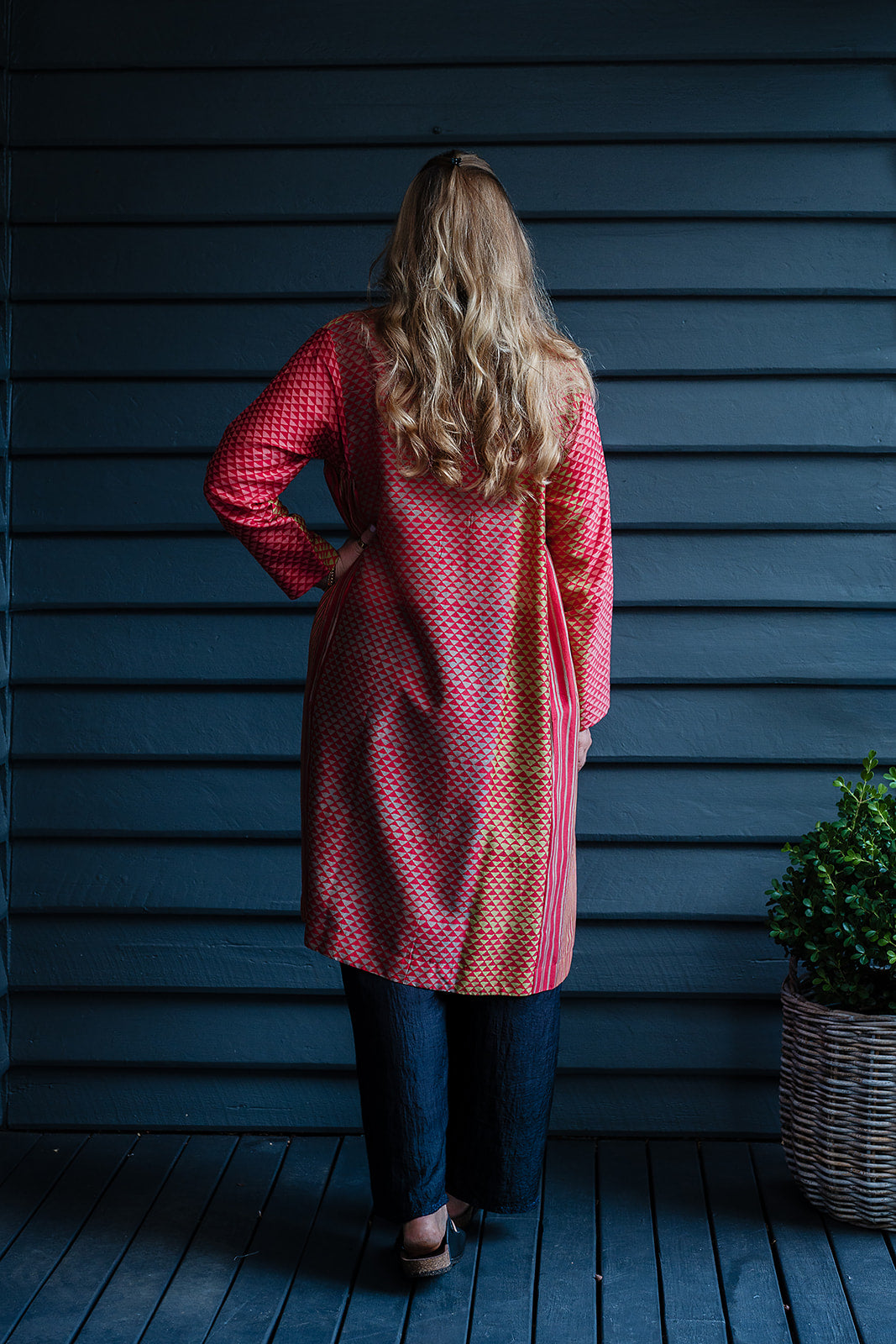 Brahma Karma chanderi cotton silk cherry red and gold triangle spotted tunic dress with gathered side panels.