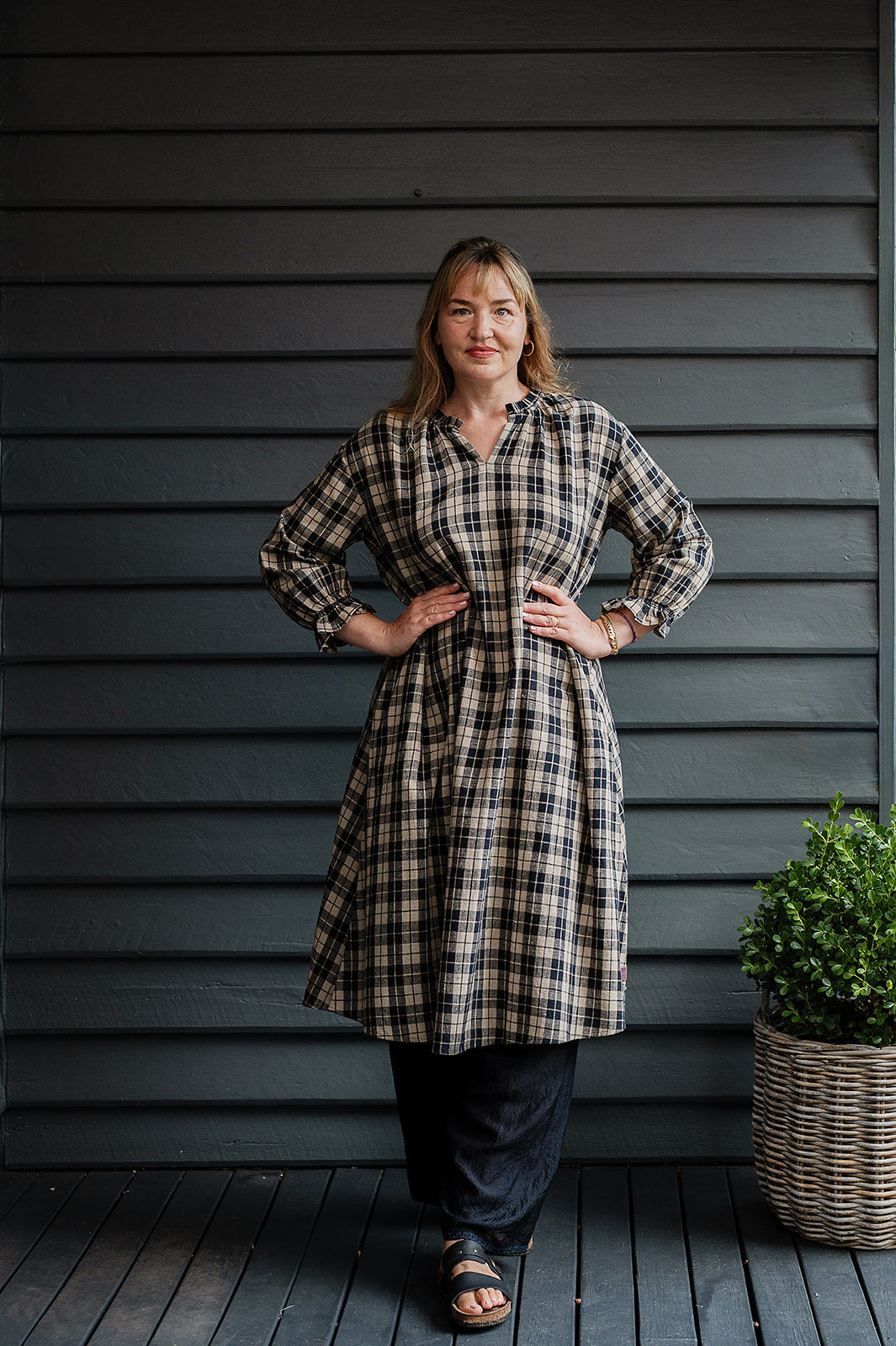 Lotus Veda River tunic dress kala cotton handloom in black and beige plaid.