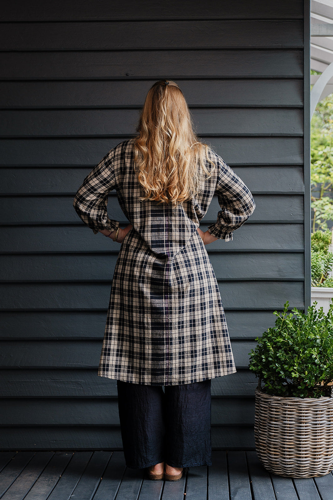 Lotus Veda River tunic dress kala cotton handloom in black and beige plaid.