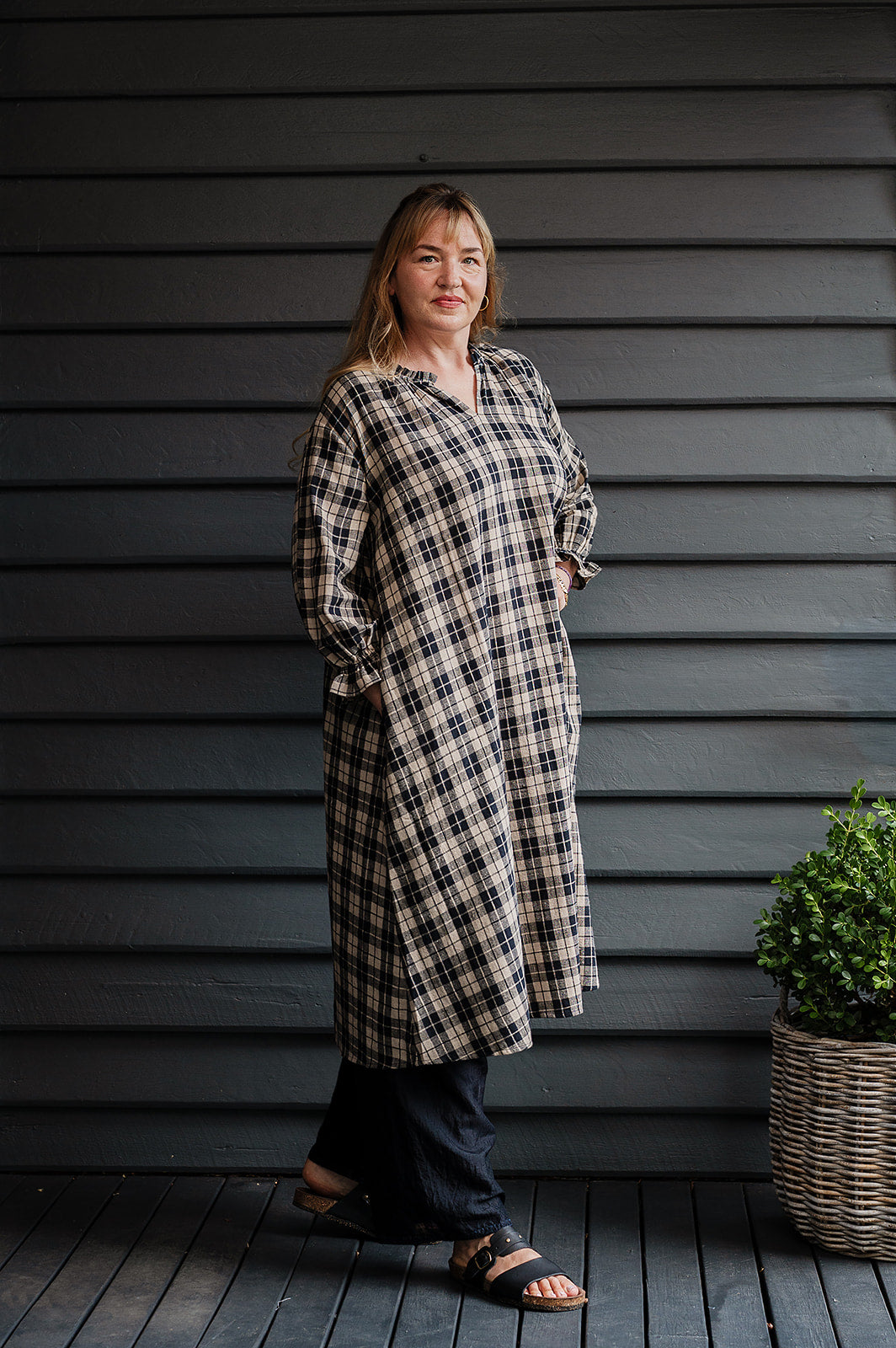 Lotus Veda River tunic dress kala cotton handloom in black and beige plaid.