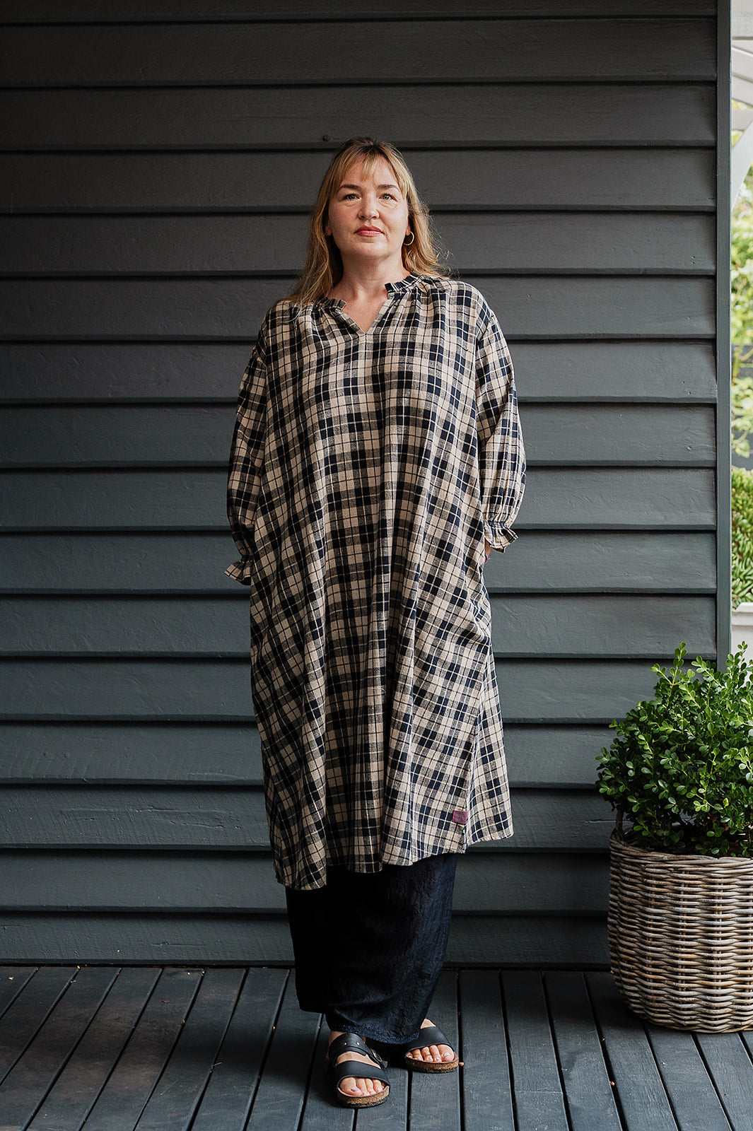Lotus Veda River tunic dress kala cotton handloom in black and beige plaid.