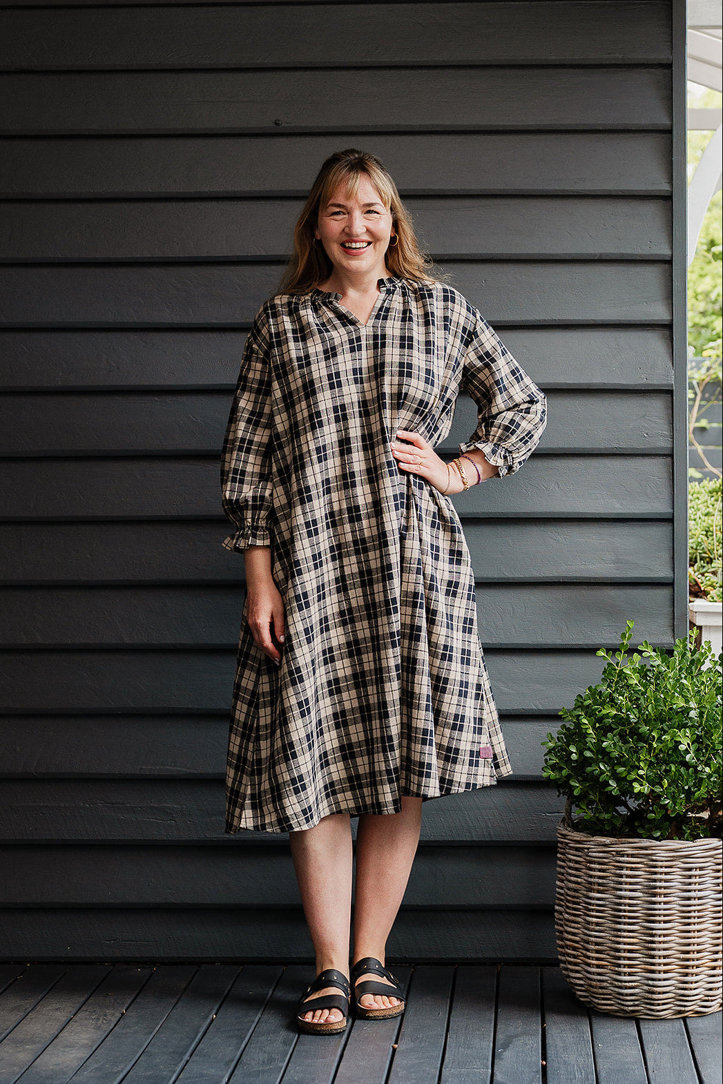 Lotus Veda River tunic dress kala cotton handloom in black and beige plaid.