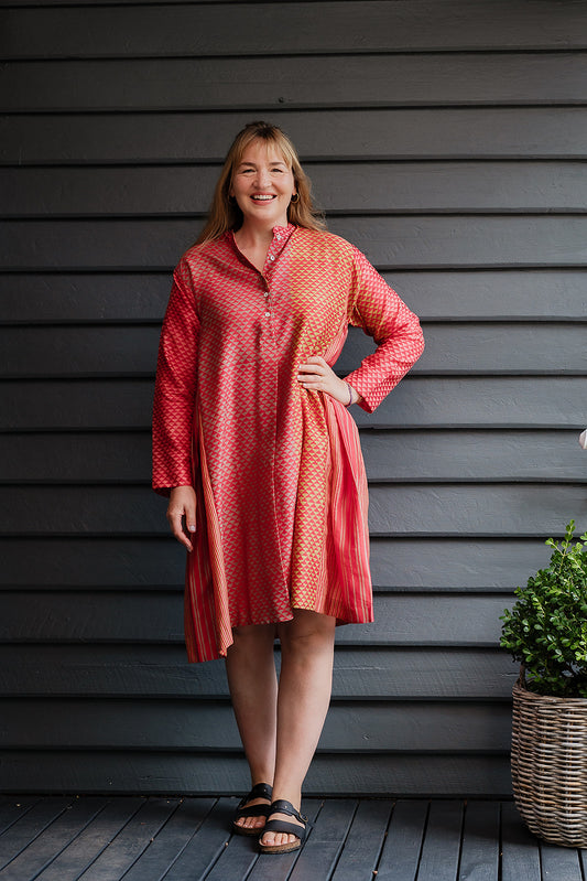 Brahma Karma chanderi cotton silk cherry red and gold triangle spotted tunic dress with gathered side panels.