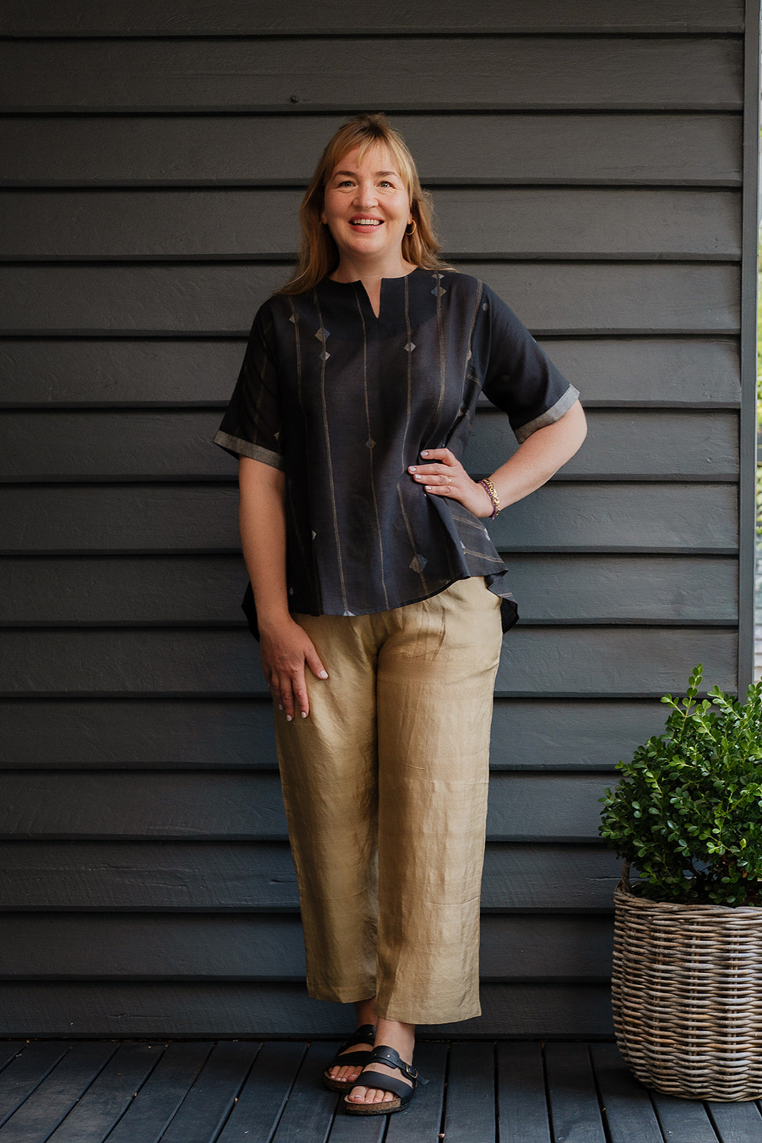 Karomi black jamdani fine cotton short sleeve Ariel top.