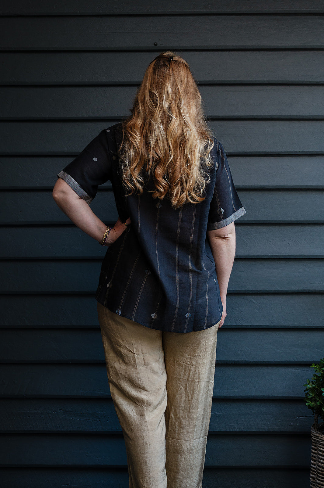 Karomi black jamdani fine cotton short sleeve Ariel top.