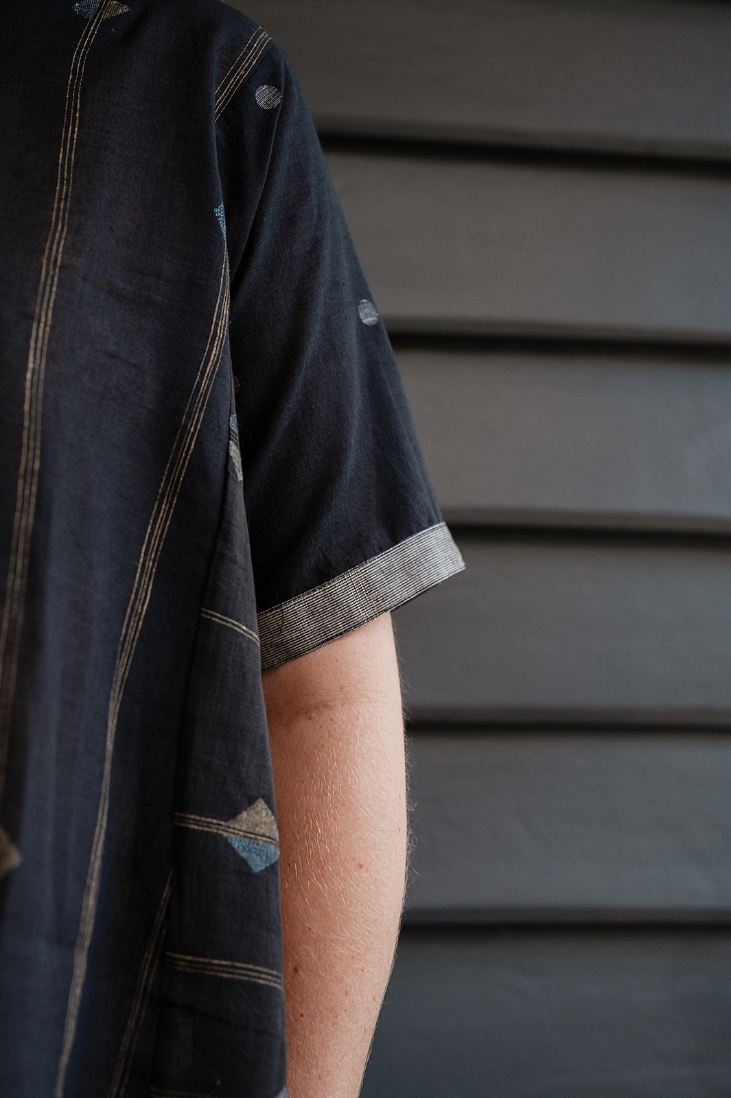 Karomi black jamdani fine cotton short sleeve Ariel top.