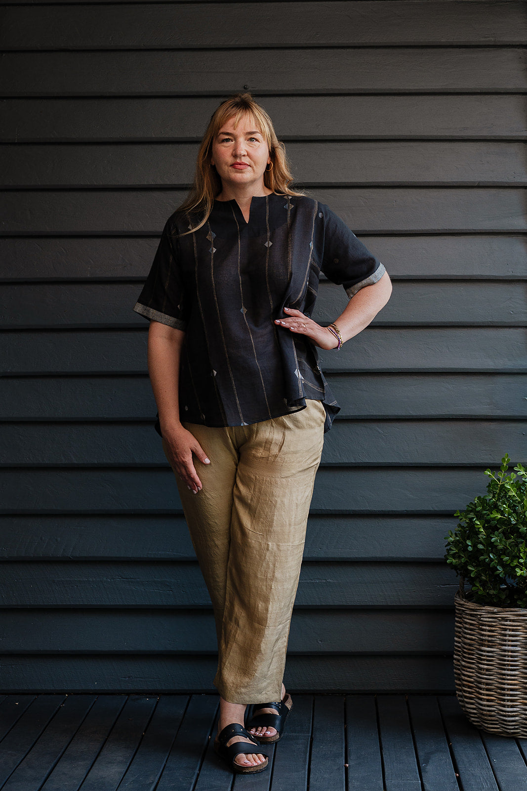 Karomi black jamdani fine cotton short sleeve Ariel top.