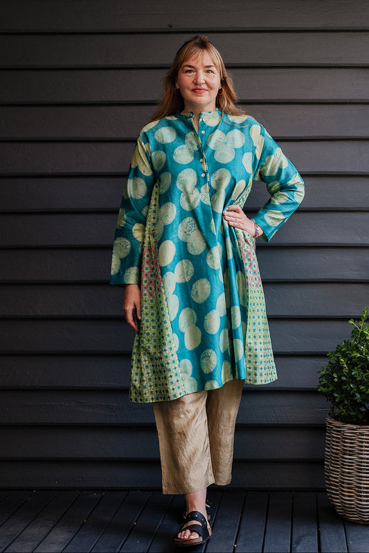 Brahma Karma chanderi cotton silk emerald green tunic dress with geometric side panels.