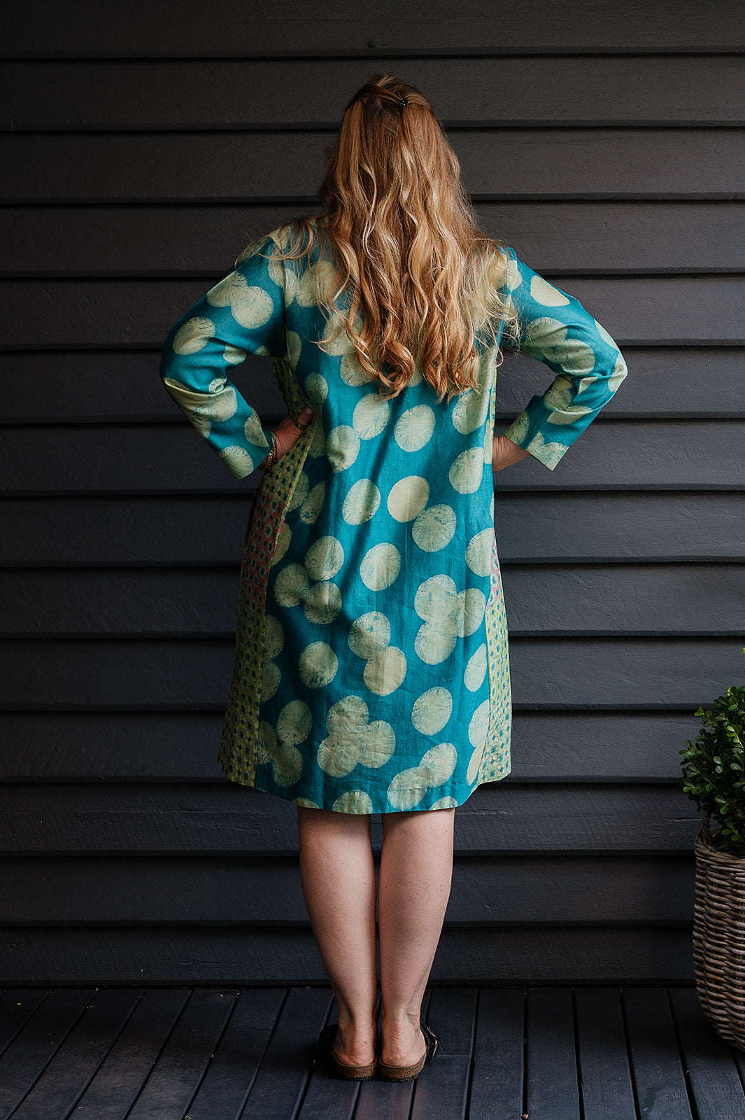 Brahma Karma chanderi cotton silk emerald green tunic dress with geometric side panels.