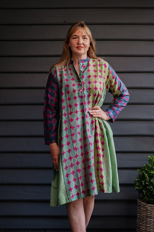 Brahma Karma chanderi cotton silk blue, green and lilac spotted tunic dress with gathered side panels.