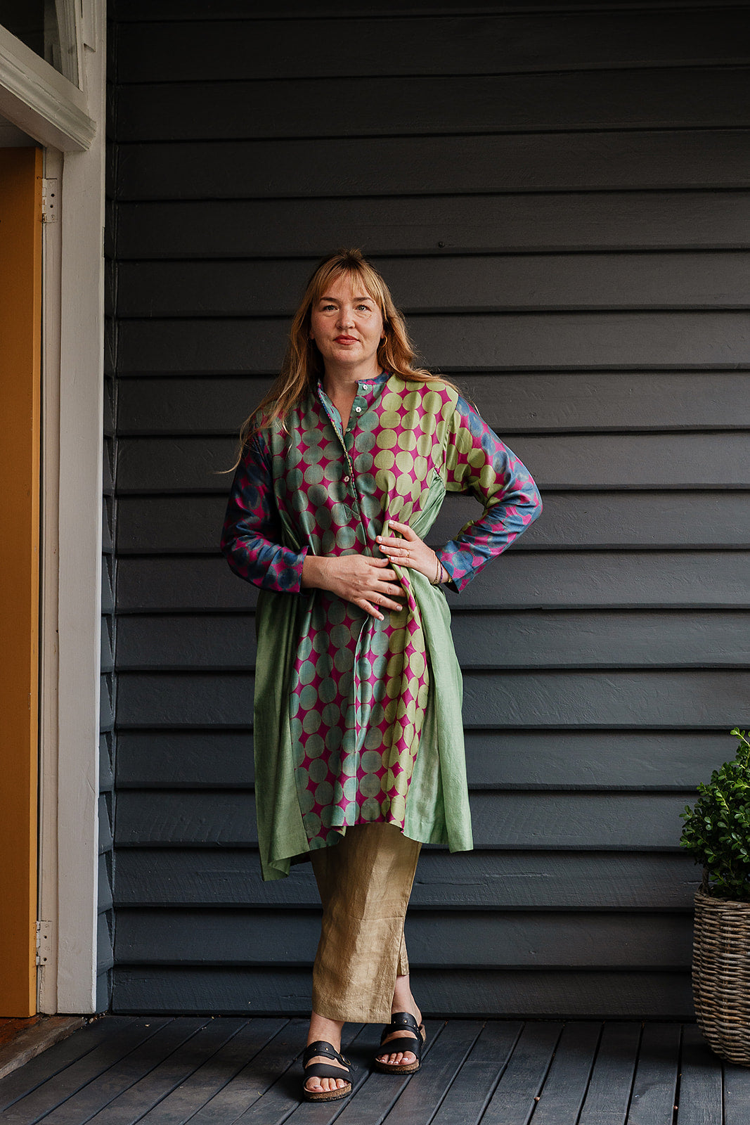 Brahma Karma chanderi cotton silk blue, green and lilac spotted tunic dress with gathered side panels.