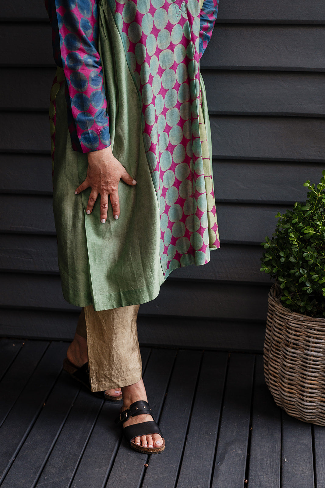 Brahma Karma chanderi cotton silk blue, green and lilac spotted tunic dress with gathered side panels.