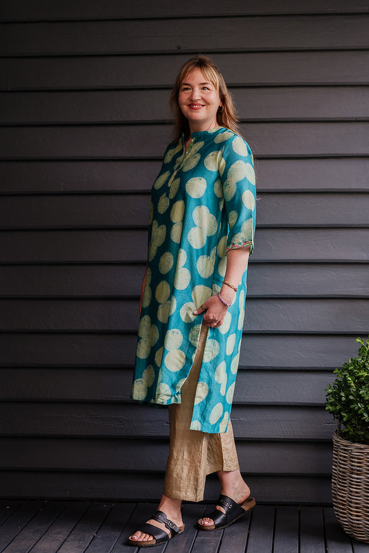 Brahma Karma chanderi cotton silk turquoise spot kurta dress