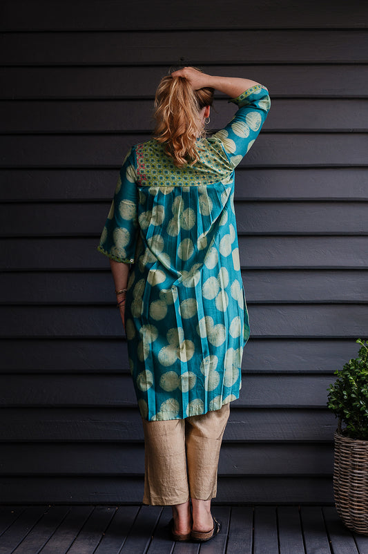 Brahma Karma chanderi cotton silk turquoise spot kurta dress