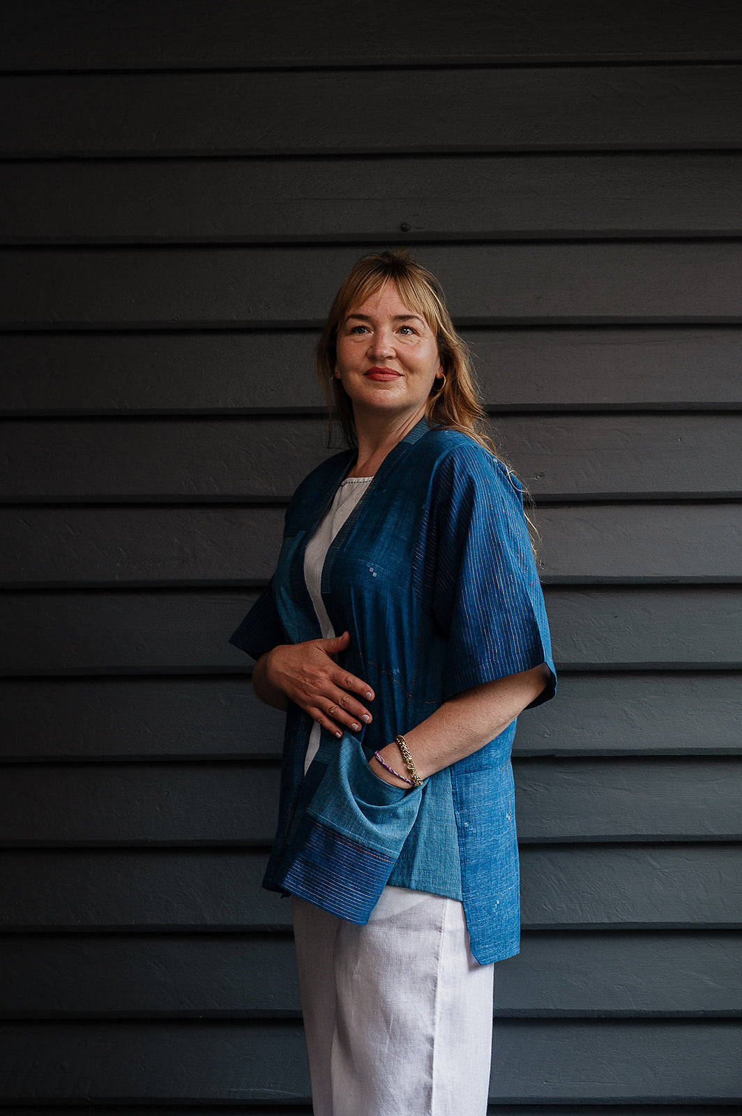 Karomi Nereid indigo jamdani patchwork cotton kimono jacket overlay.