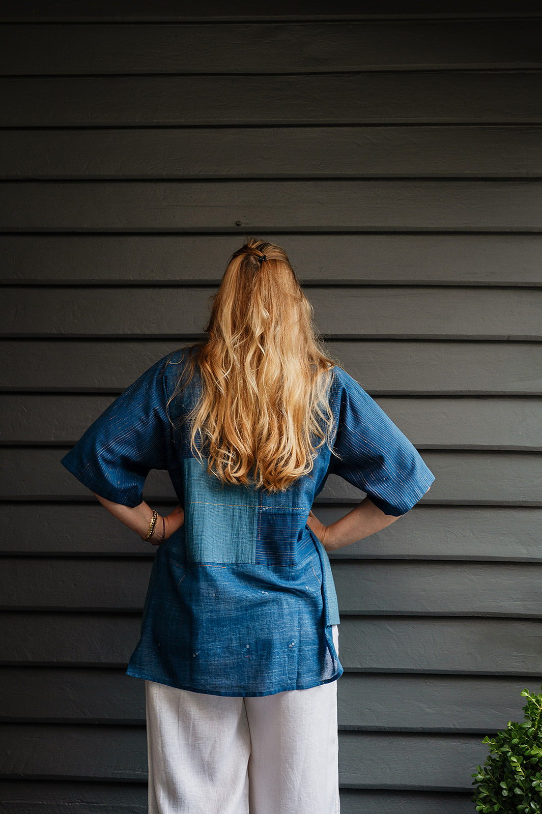 Karomi Nereid indigo jamdani patchwork cotton kimono jacket overlay.