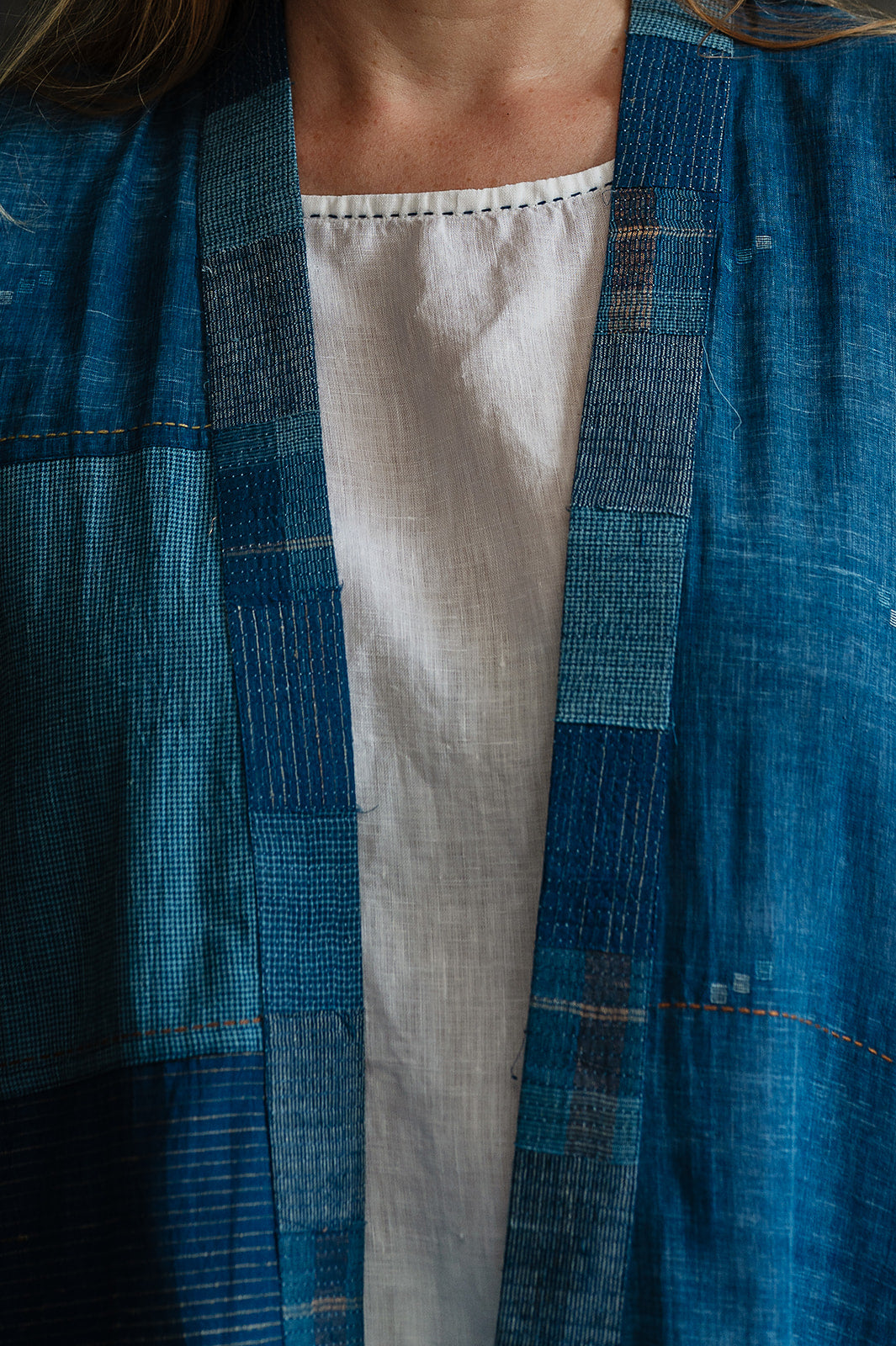 Karomi Nereid indigo jamdani patchwork cotton kimono jacket overlay.