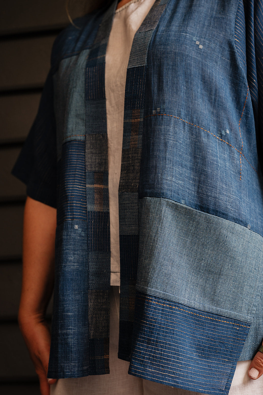 Karomi Nereid indigo jamdani patchwork cotton kimono jacket overlay.