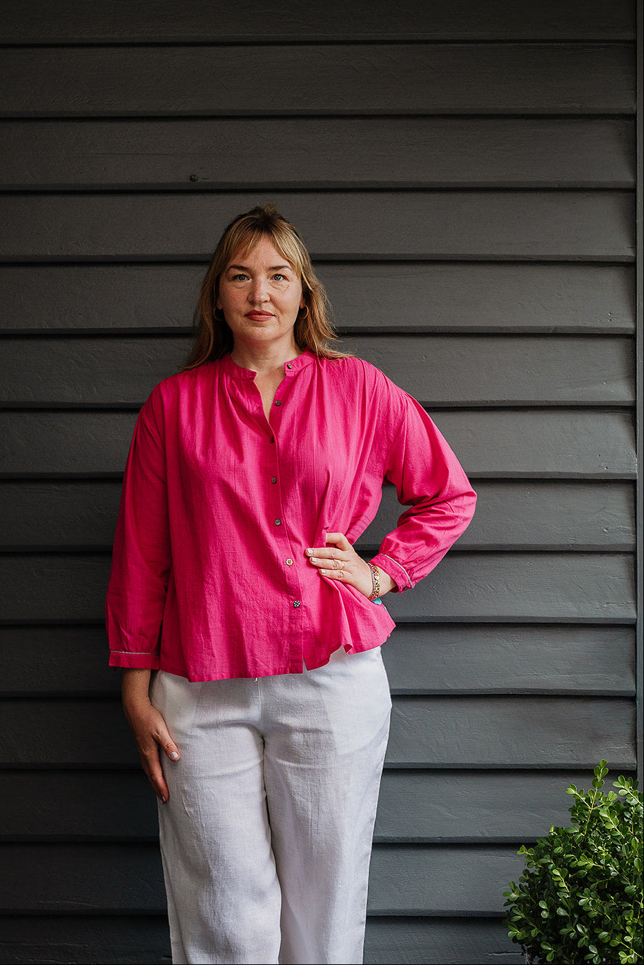 Lotus Veda Daffodil blouse in handloom cotton bright pink.