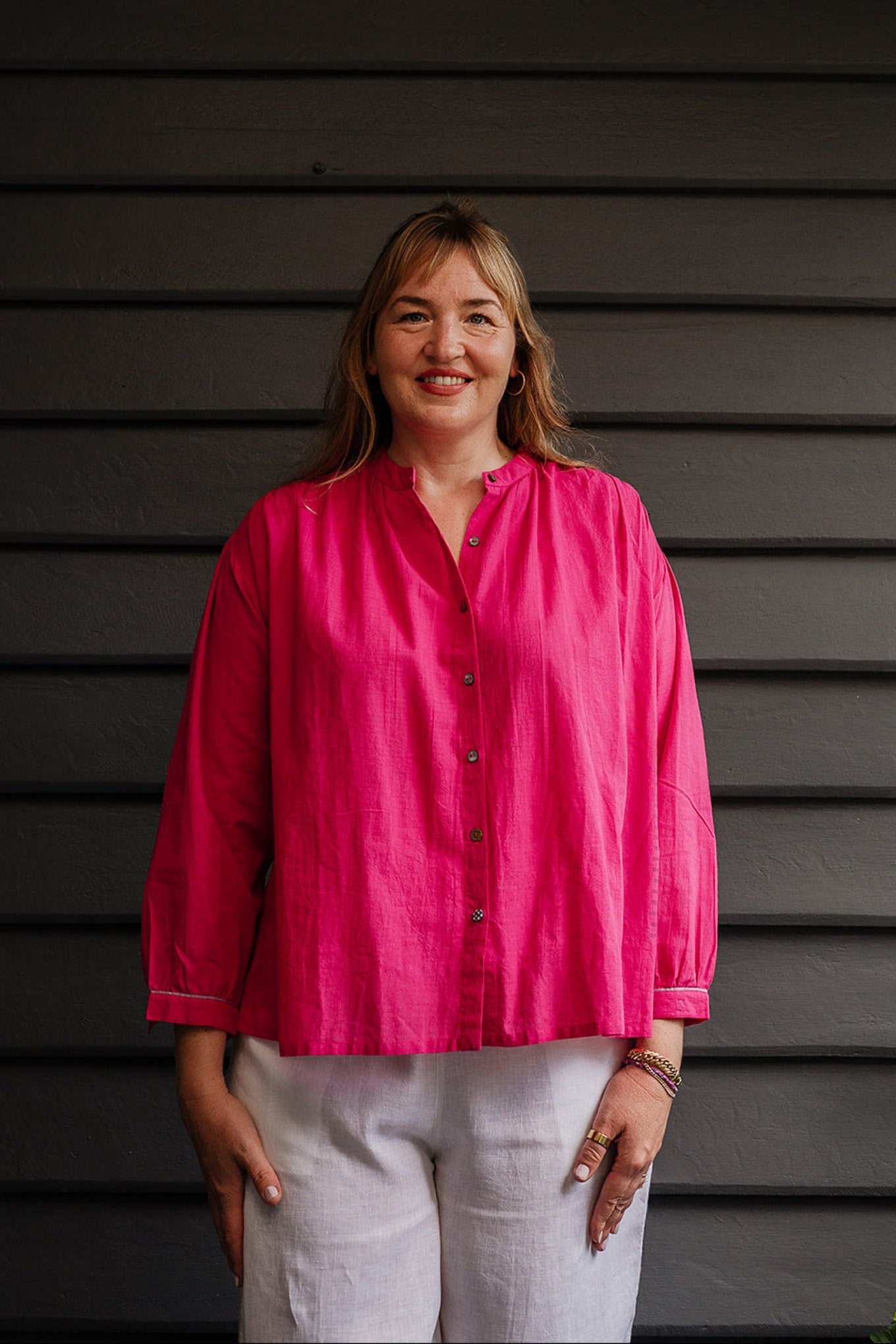 Lotus Veda Daffodil blouse in handloom cotton bright pink.